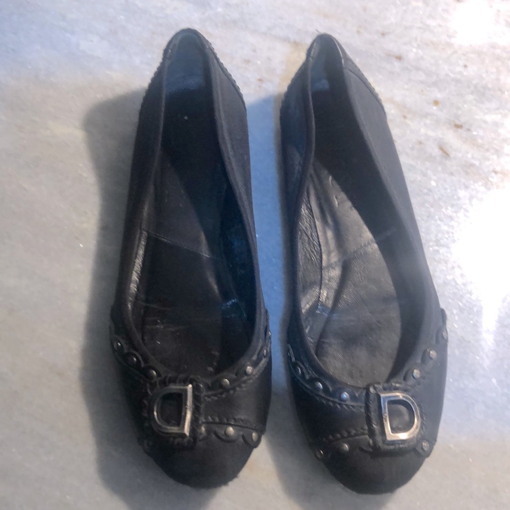 DiorBlack Leather and Canvas Ballerina Flat Size 7.5 Silver Metal Detail